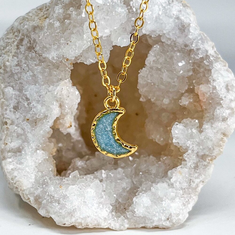 3/$20 14k Gold Blue Glitter Resin Moon Charm Handmade Pendant Necklace